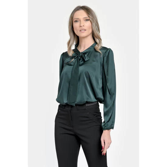 Bluza Dama din Satin, Verde inchis, Eleganta cu Funda V303