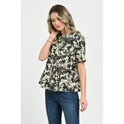 Bluza Dama, Peplum, din Viscoza, Crem cu Negru si model Floral