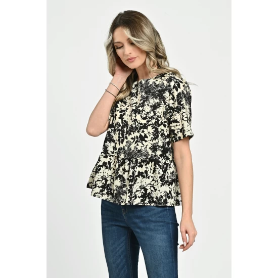 Bluza Dama, Peplum, din Viscoza, Crem cu Negru si model Floral
