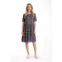 Rochie cu Volane Dama V277, Bleumarin Imprimeu Floral Lila