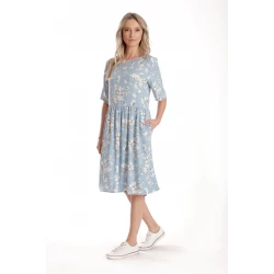 Rochie Medie Dama V272, Bleu cu flori albe
