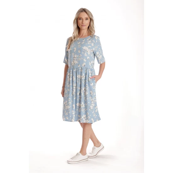 Rochie Medie Dama V272, Bleu cu flori albe