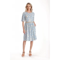 Rochie Medie Dama V272, Bleu cu flori albe