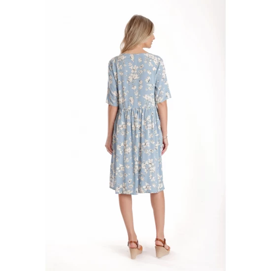 Rochie Medie Dama V272, Bleu cu flori albe