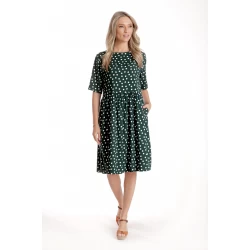 Rochie Medie Dama V273, Verde inchis cu buline albe