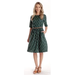Rochie Medie Dama V273, Verde inchis cu buline albe