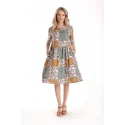 Rochie Medie Dama V275, Imprimeu Combinat Crem, Mustar si Verde