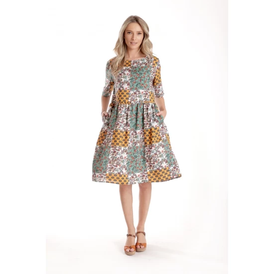 Rochie Medie Dama V275, Imprimeu Combinat Crem, Mustar si Verde