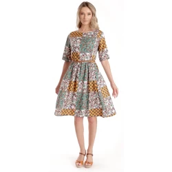 Rochie Medie Dama V275, Imprimeu Combinat Crem, Mustar si Verde