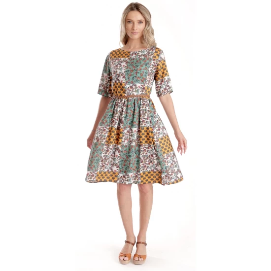 Rochie Medie Dama V275, Imprimeu Combinat Crem, Mustar si Verde