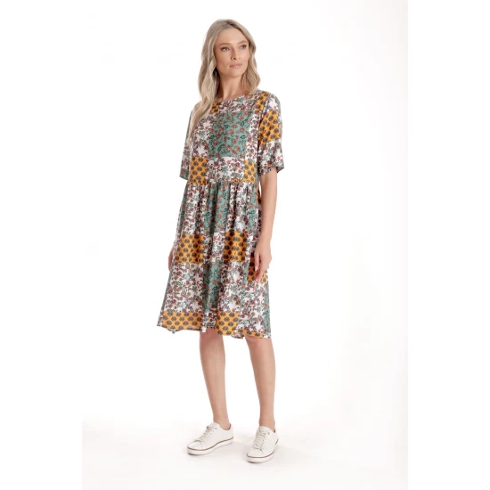 Rochie Medie Dama V275, Imprimeu Combinat Crem, Mustar si Verde