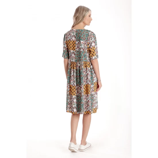 Rochie Medie Dama V275, Imprimeu Combinat Crem, Mustar si Verde