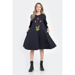 Rochie Medie Dama, Ampla, Bleumarin cu pictura realizata manual V304