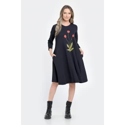 Rochie Medie Dama, Ampla, Bleumarin cu pictura realizata manual V304