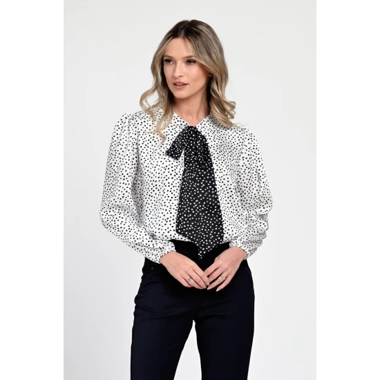 Bluza Dama din Satin, Alba cu puncte negre, Eleganta cu Funda V305
