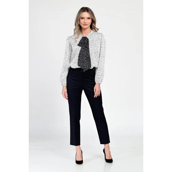 Bluza Dama din Satin, Alba cu puncte negre, Eleganta cu Funda V305