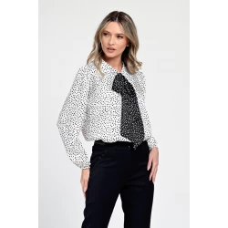 Bluza Dama din Satin, Alba cu puncte negre, Eleganta cu Funda V305