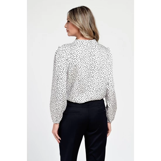 Bluza Dama din Satin, Alba cu puncte negre, Eleganta cu Funda V305