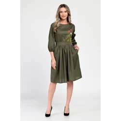 Rochie Medie Dama V310, Pictata manual, Kaki cu model floral