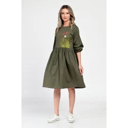 Rochie Medie Dama V310, Pictata manual, Kaki cu model floral